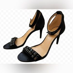 Michael Michael Kors Sylvie Black Suede & Crystal Stone Ankle Strap Heels Sz 7.5